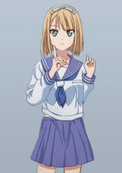  1girl 22/7 asymmetrical_bangs blonde_hair blue_neckerchief blue_sailor_collar blue_skirt bow closed_mouth cowboy_shot finger_to_cheek grey_background grey_bow hair_bow hand_up index_finger_raised li@_(rikku04) long_sleeves looking_at_viewer neckerchief pleated_skirt sailor_collar saito_nicole school_uniform serafuku shirt short_hair simple_background skirt solo standing straight-on white_shirt 