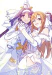  2girls absurdres ahoge armor asuna_(sao) asuna_(stacia) bare_shoulders braid breastplate breasts brown_eyes brown_hair detached_sleeves dress gloves hairband highres holding holding_hands long_hair looking_at_viewer multiple_girls neosight open_mouth purple_hair red_eyes smile sword_art_online sword_art_online_last_recollection thigh-highs very_long_hair white_armor white_dress white_gloves white_thighhighs yuuki_(sao) 