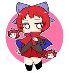  1girl black_footwear black_shirt blue_bow boots bow cape disembodied_head full_body hair_bow ini_(inunabe00) pleated_skirt red_cape red_eyes red_skirt redhead sekibanki shirt short_hair skirt solo touhou 