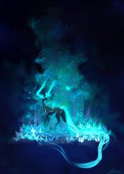  antlers back_spikes blue_theme bush creature deer dim_lighting flower glowing gradient_skin grape_hyacinth horns no_humans original painterly still_life very_long_tail zandra 