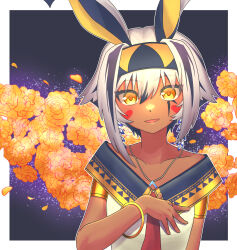  1girl absurdres animal_ears armlet commentary_request dark-skinned_female dark_skin dress facial_mark fate/grand_order fate_(series) flower highres jackal_ears jewelry looking_at_viewer marigold nitocris_(fate) nitocris_alter_(event_portrait)_(fate) nitocris_alter_(fate) short_hair smile solo tsugumokei 