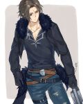  1boy belt black_jacket black_shirt blue_eyes brown_hair cropped_jacket denim expressionless final_fantasy final_fantasy_viii fur-trimmed_jacket fur_trim gunblade highres holding holding_weapon jacket jeans jewelry leather_belt male_focus multiple_belts necklace nini_tw99 open_clothes open_jacket pants scar scar_on_face scar_on_forehead shirt short_hair simple_background solo squall_leonhart torn_clothes torn_jeans torn_pants v-neck weapon 