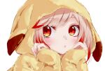  1girl alternate_costume blonde_hair blush chukachuka closed_mouth commentary_request expressionless hands_on_own_cheeks hands_on_own_face highres hood hood_up long_sleeves looking_at_viewer medium_bangs multicolored_hair nanashi_inc. orange_eyes pikachu_costume redhead seshima_rui short_hair simple_background solo transparent_background two-tone_hair upper_body virtual_youtuber 
