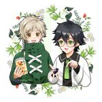  2boys absurdres artist_name berry black_hair braid buttons clanne_(fire_emblem) coat commentary_request dot_nose fire_emblem fire_emblem_engage green_coat green_eyes green_necktie grey_hair hair_between_eyes highres holding holding_jar jar jean_(fire_emblem) midori_no_baku multiple_boys necktie open_mouth parted_bangs round_eyewear short_hair smile upper_body white_background yellow_eyes 