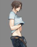  1boy belt black_gloves black_pants blush brown_hair clothes_lift final_fantasy final_fantasy_viii from_side gloves male_focus midriff navel nini_tw99 open_belt open_pants pants scar scar_on_face scar_on_forehead shirt shirt_lift short_hair solo squall_leonhart standing white_shirt 