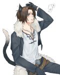  !? 1boy ? animal_ears belt black_jacket black_pants blue_eyes brown_hair cat_boy cat_ears cat_tail confused cropped_jacket final_fantasy final_fantasy_viii fur-trimmed_jacket fur_trim hand_on_own_head jacket jewelry leather_belt long_sleeves male_focus multiple_belts necklace nini_tw99 open_clothes open_jacket pants parted_lips scar scar_on_face shirt short_hair sitting solo squall_leonhart tail v-neck white_background white_shirt 