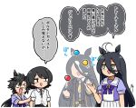  1boy 3girls :d ahoge air_shakur_(umamusume) animal_ears black_hair black_jacket black_ribbon black_shirt bow bowtie check_gender collared_shirt ear_piercing eyebrow_piercing faceless faceless_female genderswap genderswap_(mtf) ghost hair_between_eyes horse_ears horse_girl horseshoe_ornament jacket juggling long_bangs long_hair looking_at_another manhattan_cafe_(umamusume) multicolored_hair multiple_girls neck_ribbon necktie original personification piercing pleated_skirt puffy_short_sleeves puffy_sleeves purple_bow purple_bowtie purple_serafuku purple_shirt ribbon sailor_collar sailor_shirt school_uniform serafuku sharp_teeth shirt short_hair short_sleeves signature simple_background skirt smile streaked_hair sunday_silence_(racehorse) swept_bangs takahashi_umori teeth tracen_school_uniform translated two-tone_hair umamusume upper_body white_background white_hair white_shirt white_skirt yellow_eyes yellow_necktie 