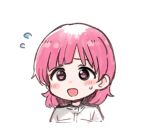  1girl apologizing asumi-chan_wa_rezu_fuuzoku_ni_kyoumi_ga_arimasu! blush commentary_request cropped_torso flying_sweatdrops itsuki_kuro kusumoto_asumi light_smile medium_hair official_art open_mouth pink_eyes pink_hair shirt sketch solo sweatdrop white_background white_shirt 