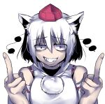  1girl aaaa_(aaaa480) animal_ear_fluff animal_ears bags_under_eyes breasts commentary_request constricted_pupils cookie_(touhou) detached_sleeves double_middle_finger fingernails grin hair_between_eyes hat inubashiri_momiji kuso_inu_(cookie) long_bangs looking_at_viewer medium_breasts middle_finger pom_pom_(clothes) red_eyes red_headwear ribbon-trimmed_sleeves ribbon_trim shirt short_hair simple_background sleeveless sleeveless_shirt smile solo tokin_hat touhou transparent_background upper_body white_hair white_shirt wolf_ears wolf_girl 