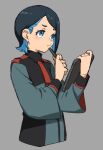  1girl black_hair blue_eyes blue_hair closed_mouth cropped_torso grey_background gundam gundam_suisei_no_majo highres holding holding_tablet_pc long_sleeves medium_hair multicolored_hair nika_nanaura simple_background solo tablet_pc tamori_tadaji thinking uniform upper_body 