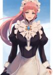  1girl :d arms_at_sides blue_eyes blue_gemstone brooch felicia_(fire_emblem) fire_emblem fire_emblem_fates gem highres jewelry juliet_sleeves labebebe_lee long_hair long_sleeves maid maid_headdress open_mouth pink_hair puffy_sleeves ribbon sleeve_cuffs smile solo white_ribbon 
