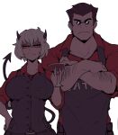  1boy 1girl arm_hair belt black_belt black_hair black_pants black_vest crossed_arms cup demon demon_girl demon_horns demon_tail grumpy helltaker helltaker_(character) highres holding holding_cup horns horu_(horu_111) looking_at_viewer malina_(helltaker) pants red_eyes red_shirt round_eyewear shadowed shirt sunglasses tail vest white_background 