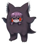  1girl aaaa_(aaaa480) brown_eyes brown_hair commentary_request cookie_(touhou) cosplay frilled_hair_tubes frills full_body gengar gengar_(cosplay) grin hair_between_eyes hair_tubes hakurei_reimu long_bangs looking_at_viewer maru_(cookie) pokemon short_hair simple_background smile solo standing touhou transparent_background v-shaped_eyebrows 