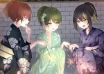  3girls aketa_mikoto black_hair black_kimono blonde_hair brick_wall brown_hair ear_piercing fireworks floral_print green_hair green_kimono hand_on_own_cheek hand_on_own_face highres idolmaster idolmaster_shiny_colors ikaruga_luca japanese_clothes kimono looking_at_another multicolored_hair multiple_girls nanakusa_nichika piercing ponytail purple_kimono sparkler squatting ssrg_srrg streaked_hair wide_sleeves yukata 