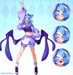  1girl blue_eyes closed_eyes elira_pendora hair_over_one_eye hand_on_own_hip head_wings jacket long_sleeves multicolored_hair navel nijisanji nijisanji_en official_art open_clothes open_jacket open_mouth pointing pointing_up purple_hair redricewine shoes shorts smile solo standing teeth upper_teeth_only virtual_youtuber wings 
