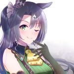  1girl abish black_hair blush closed_mouth commentary_request detached_sleeves gloves green_eyes hair_ornament highres horse_girl horse_tail long_hair looking_at_viewer one_eye_closed portrait satono_crown_(umamusume) side_ponytail smile solo tail umamusume white_background 