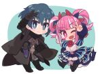  1boy 1girl black_gloves blue_eyes blue_hair byleth_(fire_emblem) byleth_(male)_(fire_emblem) cape chibi dress fire_emblem fire_emblem:_three_houses fire_emblem_engage frilled_dress frills full_body gloves hair_rings long_hair one_eye_closed open_mouth pink_eyes pink_hair short_hair tamatamariso85 v 