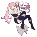  1girl artist_name axe black_footwear boots do_m_kaeru fire_emblem fire_emblem:_three_houses garreg_mach_monastery_uniform high_heel_boots high_heels hilda_valentine_goneril holding holding_axe long_hair looking_at_viewer lower_teeth_only open_mouth pink_eyes pink_hair pointing smile solo teeth thigh-highs twintails 