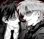  2boys ? ?? blazer chinese_commentary collared_shirt commentary_request glasses greyscale grin hair_between_eyes highres houlong_siche hyoudou_kazuya itou_kaiji jacket kaiji long_hair looking_at_another male_focus medium_bangs monochrome multiple_boys necktie outline red_outline scarf shirt short_hair smile striped striped_jacket sunglasses upper_body 