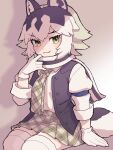  1girl :3 ananna0031 animal_ears blush collared_shirt eastern_wolf_(kemono_friends) fang gloves grey_hair grey_necktie grey_scarf grey_skirt grey_vest hair_between_eyes highres kemono_friends long_sleeves looking_at_viewer multicolored_hair necktie open_clothes open_vest plaid plaid_necktie plaid_skirt pleated_skirt scarf shirt short_hair sidelocks sitting skirt smile solo tail thigh-highs two-tone_hair two-tone_scarf vest white_gloves white_hair white_scarf white_shirt white_thighhighs wolf_ears wolf_girl wolf_tail yellow_eyes zettai_ryouiki 