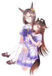  2girls aged_down ahoge air_groove_(umamusume) animal_ears blue_eyes bow bowtie breasts brown_footwear brown_hair carrying child_carry closed_mouth duramente_(umamusume) ear_bow horse_ears horse_girl horse_tail long_hair looking_at_another multiple_girls open_mouth purple_shirt romi_(346_ura) sailor_collar school_uniform shirt shoes short_hair short_sleeves simple_background skirt small_breasts smile tail thigh-highs tracen_school_uniform umamusume violet_eyes white_background white_skirt white_thighhighs 