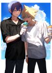  2boys absurdres black_shirt blonde_hair blue_eyes blue_hair blue_sky blush border bright_pupils clouds food hair_between_eyes highres holding holding_food holding_ice_cream ice_cream implied_yaoi kagamine_len kaito_(vocaloid) looking_at_another looking_at_food male_focus multiple_boys nail_polish open_mouth pants shirt short_hair sidelighting sky smile spiky_hair standing summer sunlight tetorutti35 vocaloid watch watch white_border white_shirt yellow_nails 