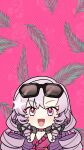  asazuke25 dress drill_hair eyewear_on_head gloves grey_gloves hands_on_own_cheeks hands_on_own_face highres hyakumantenbara_salome long_hair nijisanji open_mouth pink_dress purple_hair smile star_(symbol) sunglasses violet_eyes virtual_youtuber 