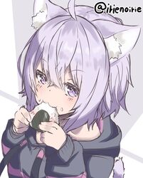  1girl ahoge animal_ear_fluff animal_ears black_hoodie blush cat_ears cat_tail eating food holding holding_food hololive hood hoodie irie_keisuke_(handn) looking_at_viewer nekomata_okayu nekomata_okayu_(1st_costume) onigiri purple_hair short_hair solo tail twitter_username violet_eyes virtual_youtuber 