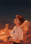  1boy 4zw89qkqagggcf7 blue_eyes blush clouds cloudy_sky headphones highres ikari_shinji looking_up neon_genesis_evangelion night night_sky orange_clouds school_uniform shirt sky solo star_(sky) tears tokyo-3_middle_school_uniform white_shirt 