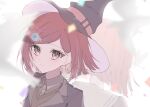  1girl back-to-back black_jacket brown_eyes brown_vest closed_mouth collared_shirt danganronpa_(series) danganronpa_v3:_killing_harmony gem_hair_ornament grey_shirt hat highres jacket multiple_views portrait pote_(pote_39) redhead shirt short_hair two-tone_shirt vest white_shirt witch_hat yumeno_himiko 