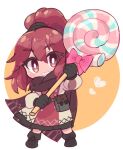  1girl anna_(fire_emblem) blush candy chibi dress fire_emblem fire_emblem_engage food full_body grin holding holding_candy holding_food holding_lollipop lollipop long_hair ponytail red_eyes redhead scarf smile solo tamatamariso85 