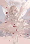  1girl angel_wings blonde_hair blue_eyes dress expressionless falling_petals feathered_wings flower flying full_moon halo highres holding holding_flower kyuumura long_sleeves looking_at_viewer moon original parted_lips petals petticoat puffy_long_sleeves puffy_sleeves red_flower red_rose rose short_hair sketch sky solo thigh-highs white_dress white_thighhighs wings 