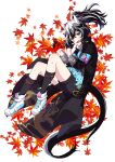  1girl :d absurdres animal_ears autumn_leaves black_gloves black_hair black_jacket black_shorts black_socks blue_eyes caboskun ear_covers from_side full_body gloves hair_between_eyes highres horse_ears horse_girl horse_tail jacket katsuragi_ace_(umamusume) kneehighs looking_at_viewer ponytail shoes shorts smile sneakers socks solo tail umamusume white_footwear 