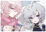  2boys ahoge blue_eyes blush cielomort_(fragaria_memories) closed_mouth fragaria_memories grey_hair highres long_hair looking_at_viewer male_focus multicolored_eyes multiple_boys open_mouth pink_eyes pink_hair pink_scarf scarf smile violet_eyes willmesh_(fragaria_memories) yukimi5daifuku 