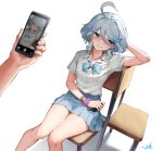  1girl absurdres backlighting blush bracelet cellphone enferverge furina_(genshin_impact) genshin_impact hand_on_own_head highres jewelry looking_to_the_side necktie phone pleated_skirt school_uniform scrunchie sitting skirt smartphone taking_picture thighs wrist_scrunchie 