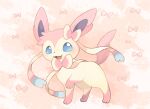  :3 :d abstract_background blue_eyes blue_sclera bow bowtie colored_sclera commentary_request from_side full_body konanbo leg_up light_blush looking_at_viewer no_humans no_pupils pastel_colors pink_background pink_bow pokemon pokemon_(creature) red_bow red_bowtie ribbon simple_background smile solo sparkling_eyes standing sylveon white_background 