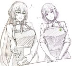  2girls artist_name breasts choker collared_shirt cup english_commentary exonessis girls_frontline green_eyes hair_between_eyes heart holding holding_cup long_hair long_sleeves looking_at_viewer multiple_girls open_mouth partially_colored rpk-16_(girls&#039;_frontline) shirt short_hair sidelocks sketch smile springfield_(girls&#039;_frontline) standing star_(symbol) teeth upper_body upper_teeth_only violet_eyes 
