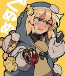 1girl black_gloves blonde_hair blush bridget_(guilty_gear) clenched_hand fingerless_gloves gloves green_eyes guilty_gear guilty_gear_strive itsuka_neru long_sleeves open_mouth solo stuffed_animal stuffed_toy teddy_bear yo-yo