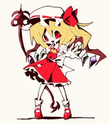  1girl absurdres atoymk blonde_hair chinese_commentary colored_skin commentary_request fang flandre_scarlet flat_chest frilled_shirt_collar frilled_skirt frills full_body hat hat_ribbon highres looking_at_viewer mary_janes mob_cap no_nose one_side_up open_mouth puffy_short_sleeves puffy_sleeves reaching reaching_towards_viewer red_eyes red_footwear red_ribbon red_skirt red_vest ribbon shirt shoes short_sleeves skin_fang skirt smile socks solo touhou vest white_headwear white_shirt white_skin white_socks wings 