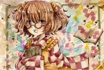  1girl bell book brown_hair frilled_shirt_collar frills glasses highres holding holding_book jingle_bell long_sleeves motoori_kosuzu multicolored_background open_book open_mouth painting_(medium) round_eyewear sleeves_past_fingers sleeves_past_wrists solo teeth totoki_mea touhou traditional_media two_side_up upper_body upper_teeth_only violet_eyes watercolor_(medium) wide_sleeves 
