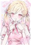  0202ase 1girl absurdres blonde_hair earrings gradient_hair grin hair_ribbon highres index_finger_raised jewelry looking_at_viewer multicolored_hair neck_ribbon pink_eyes pink_hair pink_ribbon project_sekai puffy_short_sleeves puffy_sleeves ribbon shirt short_sleeves smile solo tenma_saki twintails upper_body white_shirt 