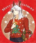  1boy antlers black_pants candle christmas_sweater christmas_wreath english_text expressionless final_fantasy final_fantasy_i holding holding_candle holding_wreath horns long_hair male_focus merry_christmas nini_tw99 pants red_sweater reindeer_antlers solo standing star_(symbol) sweater violet_eyes warrior_of_light_(ff1) white_hair wreath 