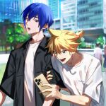  2boys blonde_hair blue_eyes blue_hair blurry blurry_background bright_pupils building hair_between_eyes highres holding holding_another&#039;s_arm holding_phone kagamine_len kaito_(vocaloid) looking_at_another looking_at_phone male_focus multiple_boys nail_polish open_clothes open_mouth open_shirt outdoors phone shirt short_hair sidelighting spiky_hair sunlight tetorutti35 tree upper_body vocaloid white_shirt yellow_nails 