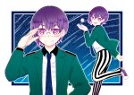  1boy absurdres adjusting_eyewear aosaki_kasutera bishounen_series blue_necktie doujima_mayumi glasses green_jacket highres jacket male_focus necktie open_mouth pants purple_footwear purple_hair shoes sky smile sneakers solo star_(sky) star_(symbol) starry_sky striped striped_pants vertical-striped_pants vertical_stripes violet_eyes 