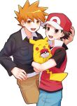  2boys :d black_jacket blue_oak brown_eyes brown_hair collared_shirt commentary_request hand_up hat highres holding holding_pokemon jacket male_focus mochi_(mocchi_p_2m) multiple_boys open_mouth pants pikachu poke_ball poke_ball_(basic) pokemon pokemon_(creature) pokemon_(game) pokemon_hgss red_(pokemon) red_headwear shirt short_hair short_sleeves smile spiky_hair t-shirt teeth upper_teeth_only vest white_background white_shirt 