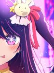  1girl ama_(ama_ekaku) blurry blurry_background blush bright_pupils closed_mouth commentary_request hair_ornament highres hoshino_ai_(oshi_no_ko) idol light_particles long_hair looking_at_viewer multicolored_hair one_side_up oshi_no_ko partial_commentary pink_hair portrait purple_hair rabbit_hair_ornament smile solo split_crop stage star-shaped_pupils star_(symbol) streaked_hair symbol-shaped_pupils tongue tongue_out twitter_username violet_eyes watermark white_pupils 
