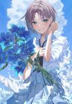  1girl ahoge asakura_toru black_necktie blue_eyes blue_flower blue_sky blush clothes_around_waist clouds cowboy_shot cute_mdr day dot_nose flower gradient_hair grey_skirt hands_up highres holding holding_flower idolmaster idolmaster_shiny_colors leaf looking_at_viewer multicolored_hair necktie open_mouth outdoors parted_bangs pleated_skirt school_uniform shirt short_hair short_sleeves skirt sky smile solo standing white_shirt 