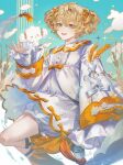  1boy androgynous blonde_hair blue_sky bow clouds cogimyun dress fragaria_memories highres long_sleeves looking_at_viewer male_focus myunna_(fragaria_memories) open_mouth sanrio short_twintails shorts sky smile solo teeth twintails wheat_field white_bow white_dress white_shorts yaoyaobae 