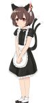  1girl alternate_costume animal_ear_fluff animal_ear_piercing animal_ears apron bobby_socks brown_hair cat_ears cat_tail chen closed_mouth commentary_request earrings enmaided fang flat_chest frills highres jewelry light_blush light_smile maid maid_headdress multiple_tails nekomata petite petticoat puffy_short_sleeves puffy_sleeves qi_lang3568 red_eyes short_hair short_sleeves simple_background single_earring skin_fang socks solo standing tail touhou two_tails v_arms waist_apron white_apron white_background 