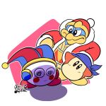  absurdres artist_name bandana_waddle_dee forest_draw hat hat_bell highres jester_cap king_dedede kirby kirby_(series) looking_at_another looking_down pomni shadow simple_background the_amazing_digital_circus white_background 